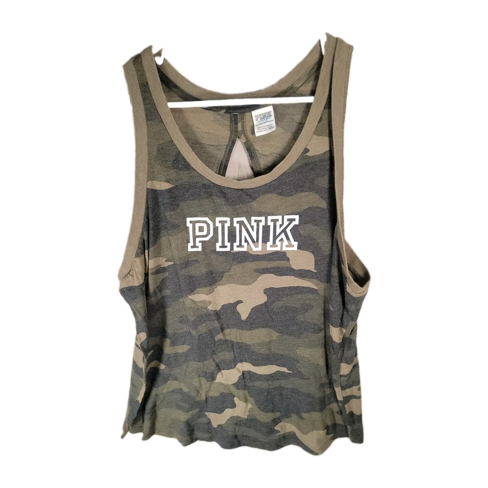 Victorias Secret PINK Tank Top Womens XXL Green Camo Logo Cutout Keyhole Back
